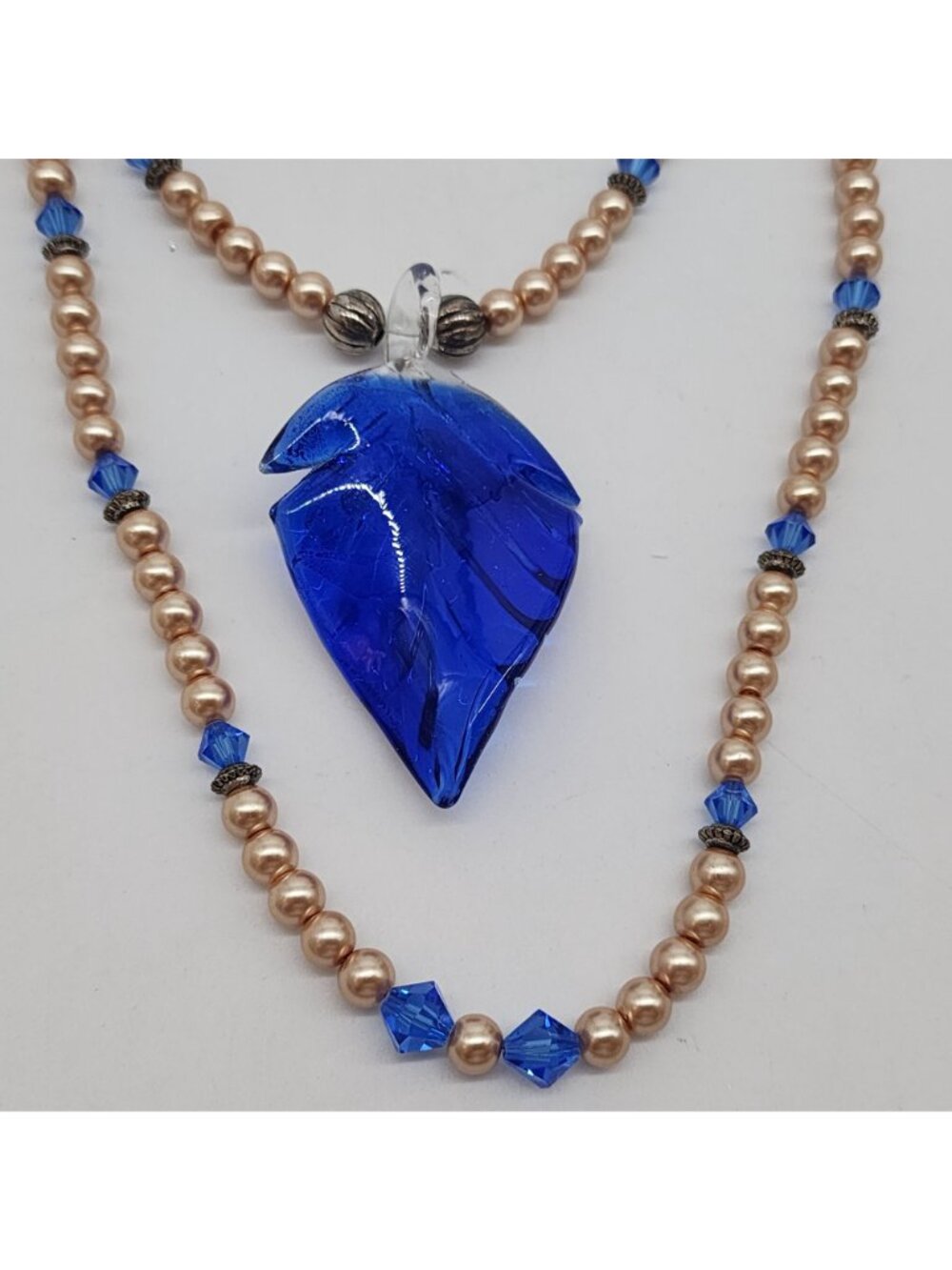 Two Strand Pendant Necklace Blue Murano Style Glass Leaf Faux Pearl Crystal - Picture 4 of 10